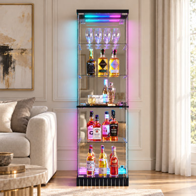 Armoire bar 67 po avec lumières RVB et capteur de mouvement, armoire à vin verrouillable avec étagères à 5 niveaux