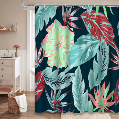 Waterproof Tropical Floral Jungle Paradise Shower Curtain with 12 Hooks
