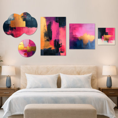«Black and Pink Meet in Dream I», ensemble de 5 reproductions d'art sur toile abstraites, en métal et en toile (100 po x 40 po)