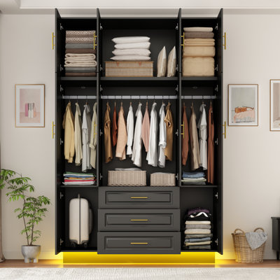Armoire-penderie 4 portes à DEL avec miroir, armoire de rangement 90,6 po avec 3 tiroirs, tringle et armoire pour chambre à coucher