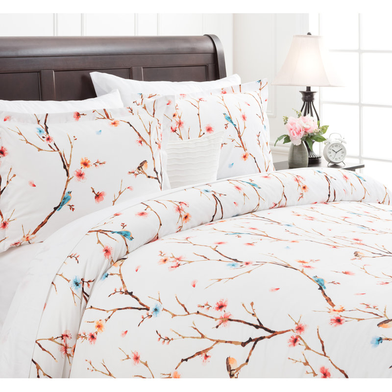 Twin Orange Floral Print Reversible Microfiber Duvet Cover Set