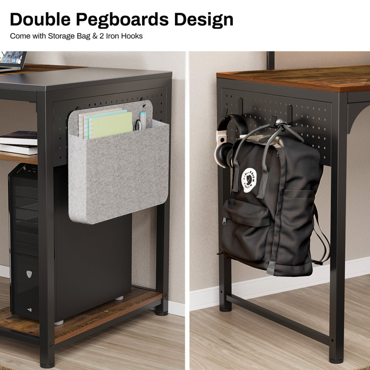 Reversible Writing Desk with Storage Shelves, Monitor Riser & Side Pegboard  Organizers