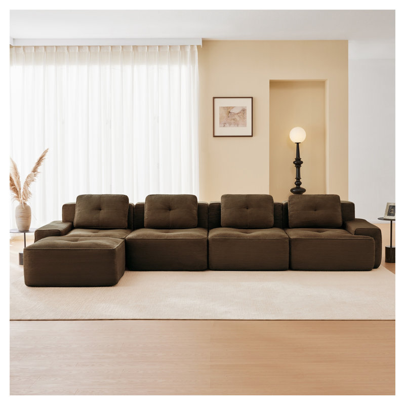 Canapé modulaire en forme de L de 153 po en velours côtelé brun avec repose-pieds mobile, siège profond à 4 places avec design capitonné et aucun assemblage requis pour le salon
