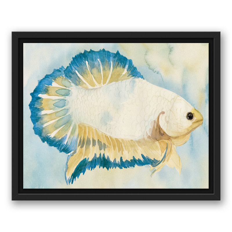 " White And Blue Fish ", 12.75" H x 15.75" W x 1.75" D, Black Floater Frame