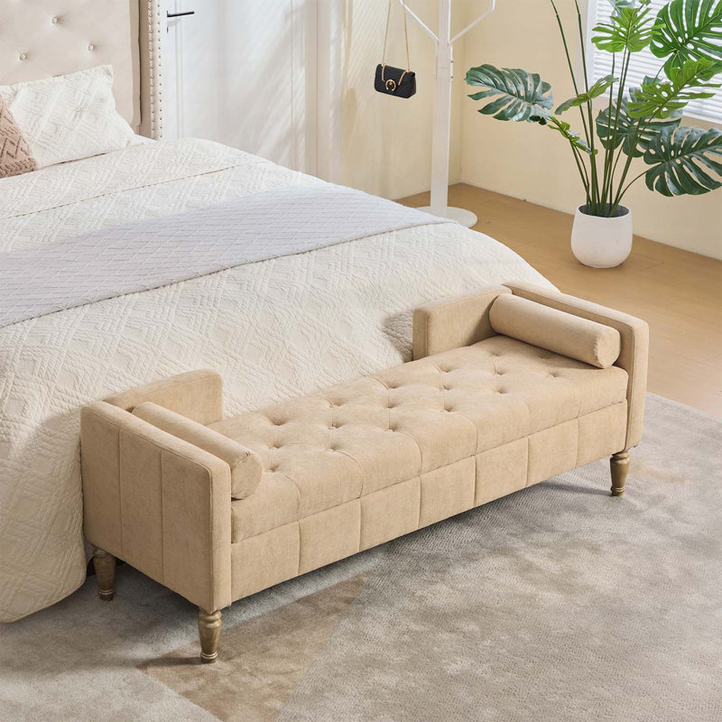 Banc de rangement en chenille de 64,6 po de largeur avec dessus rabattable, conception capitonnée, accoudoirs, dossier et traversins pour une utilisation polyvalente
