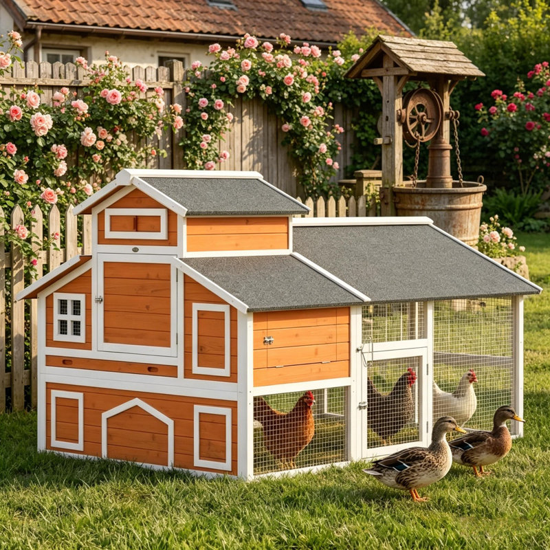 Grand poulailler en bois de 78 po à 2 niveaux avec enclos et 2 boîtes gigognes pour 6 poules