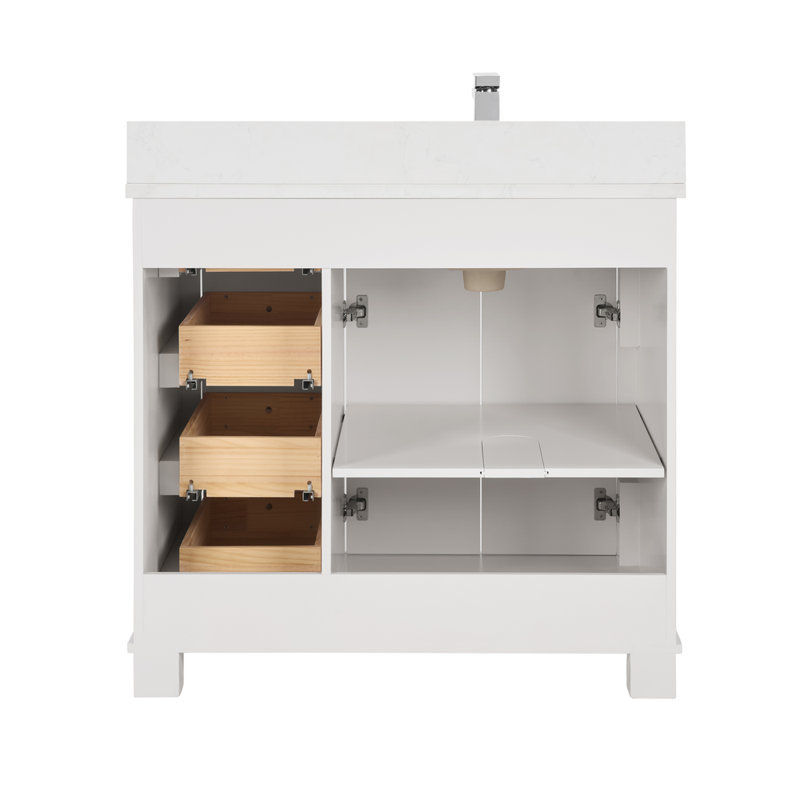 36" Solid Wood Sink Vanity  With 1' Artificial Stone Top, Polished Chrome, White