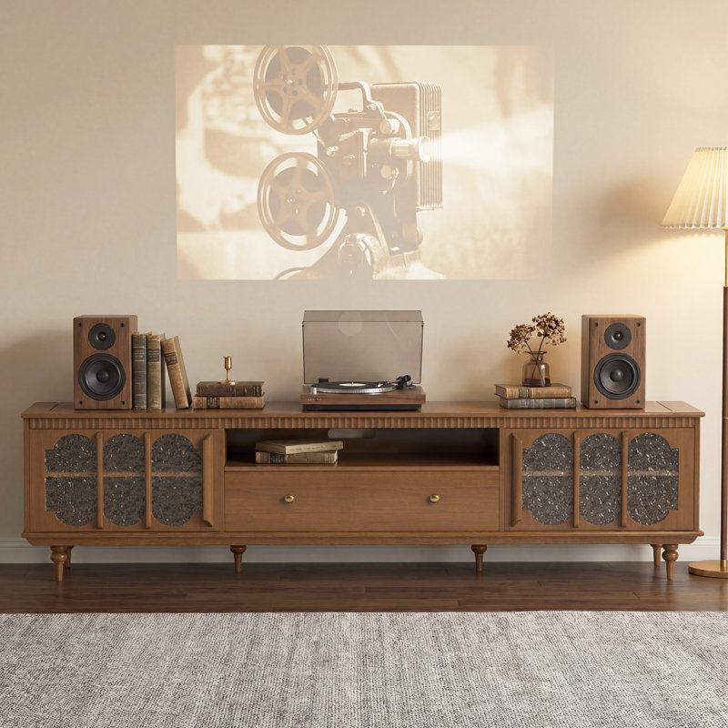 Devis 78.7" Modern TV Stand with Textured Cabinet Doors, Media Console with Adjustable/Removable Shelving, Walnut Finish