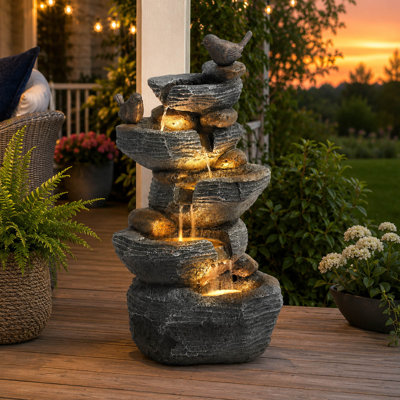 5 Tier Outdoor Cascading Rock Water Fountain with LED Lights