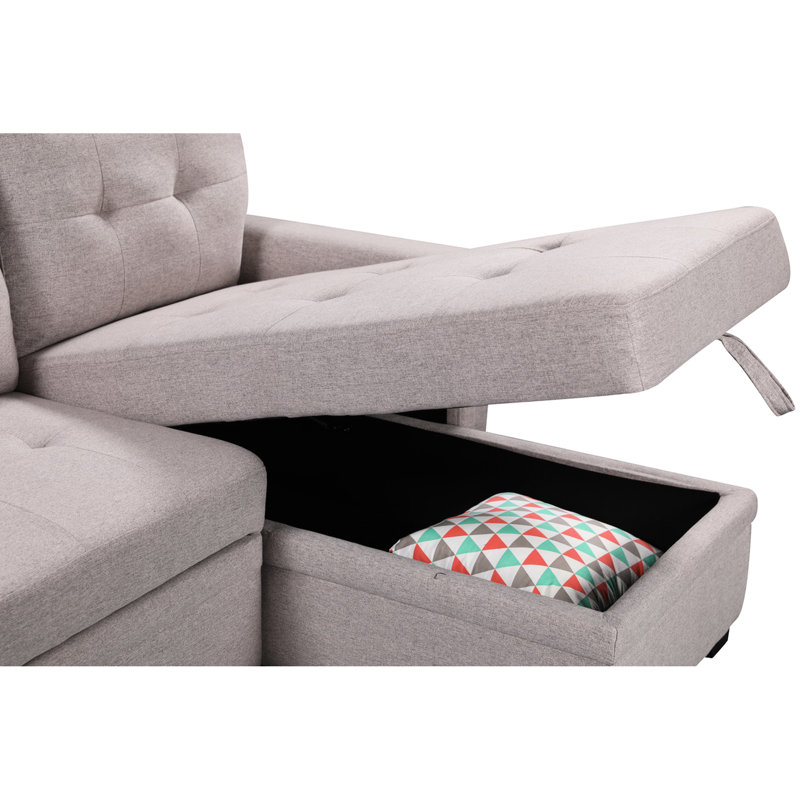 Canapé modulaire réversible gris avec coussins et structure en bois massif, pochette à magazines