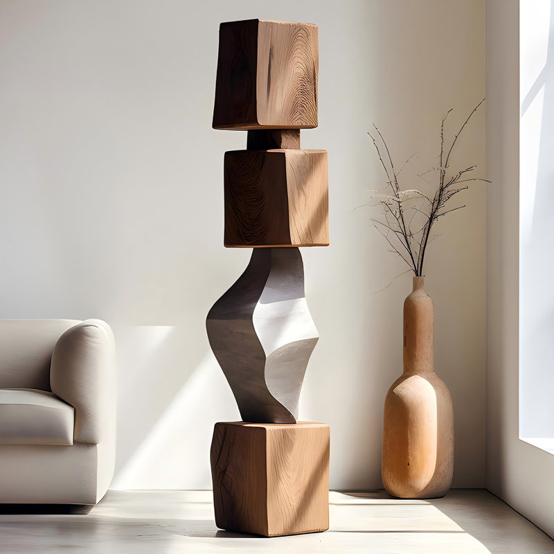 Pièce décorative en bois de 19,69 po - sculpture brune sur pied - sculpture abstraite