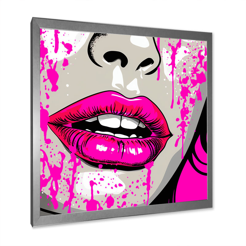 Popart sensuel, lèvres roses sur toile, H 24 po x l 24 po x P 1 po, Cadre simple argenté