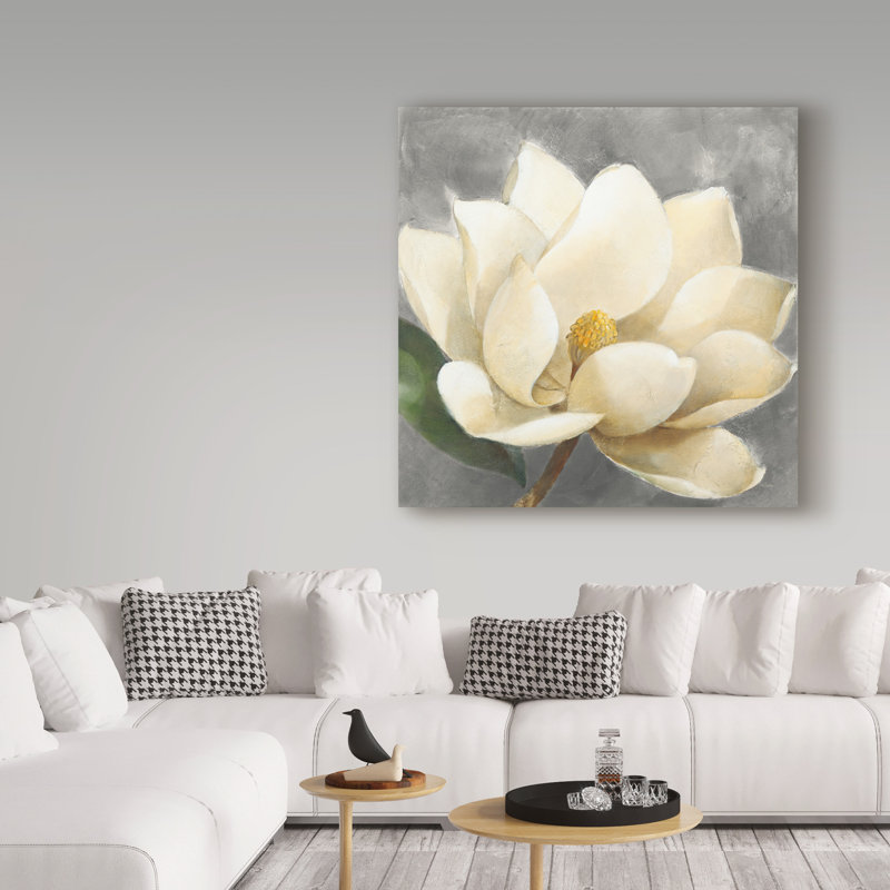 « magnolia fleur on gray », reproduction de peinture à l’acrylique sur toile tendue, H 18 po x l 18 po