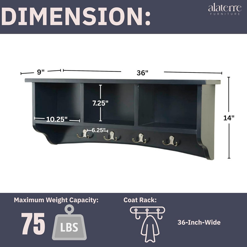 Shaker Cottage (L) 36" x (W) 9" x (H) 14" Wall-Mounted Coat Rack with 3 Open Shelves, Charcoal, Charcoal