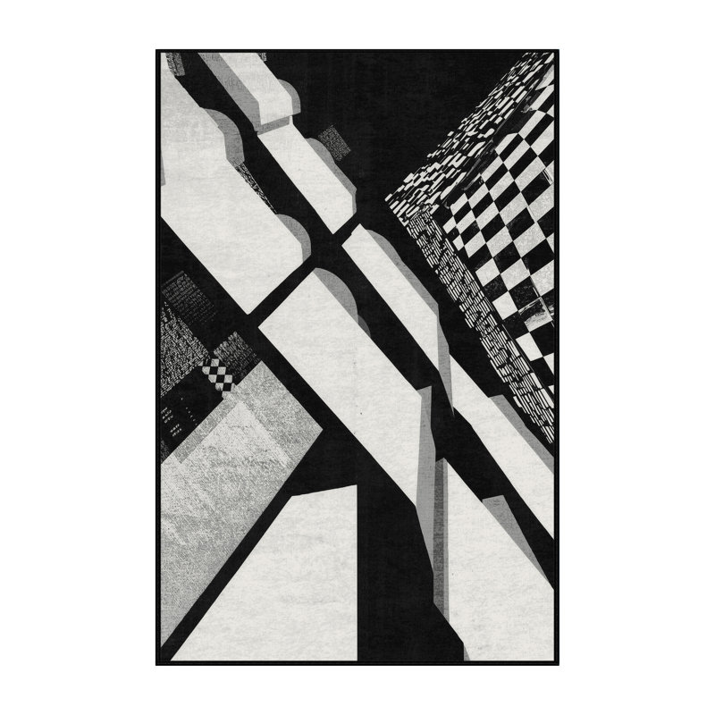Machine Washable Pandelica Times Square Lights Modern Checkered Rug in White – Black Binding, 7x9