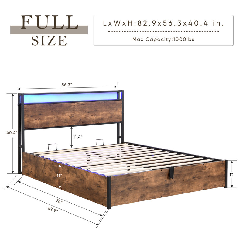 Lift-Up Storage Bed Frame, Size Bed Frame With Bookcase Headboard  LED Lights, Wooden Platform Bed Frame With Charging Station, No Spring Box Needed, Rustic Brown