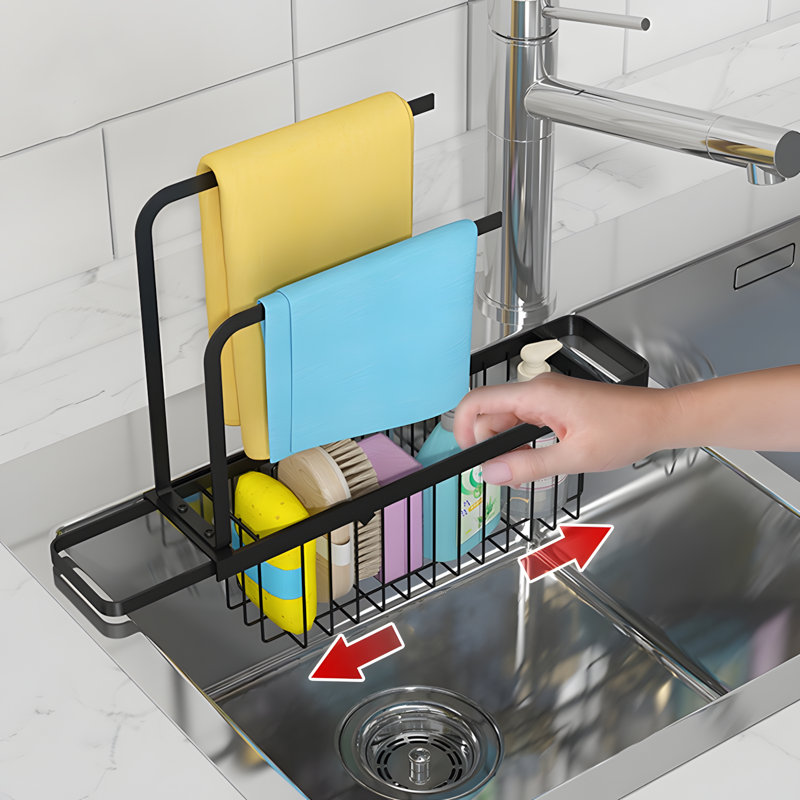 Adjustable Kitchen Sink Dish Drying Rack With Expandable Design, Space-Saving Organizer For Sponges And Utensils