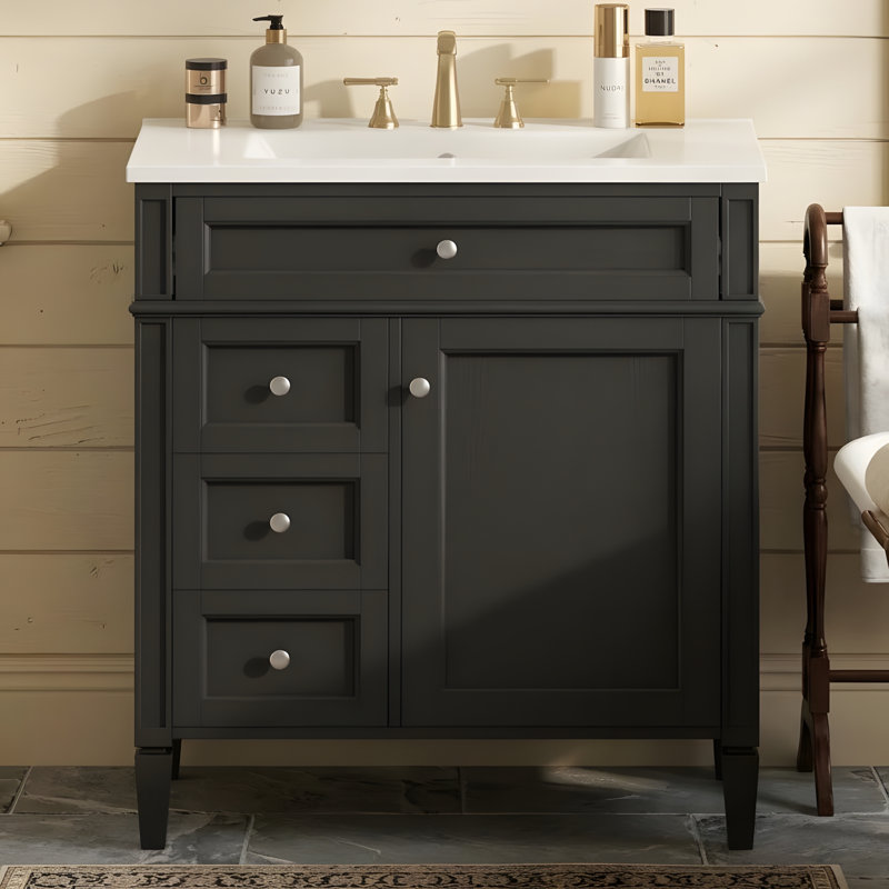 Meuble-lavabo de 30 po avec lavabo en céramique, Black, Silver