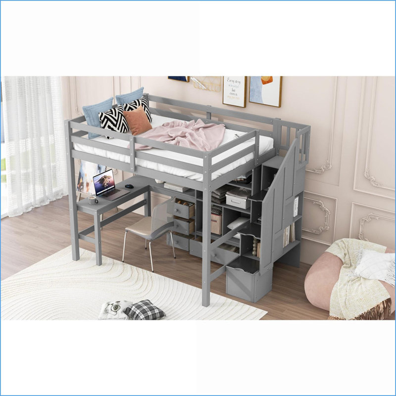 Lit mezzanine double en bois de pin avec bureau en L, escalier de rangement et amp; Tiroirs - gris, aucun sommier nécessaire