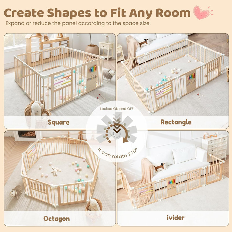 Parc pour bébé en bois avec jouets éducatifs intégrés - Coffre-fort pliable et réglable pour aire de jeu pour tout-petits
