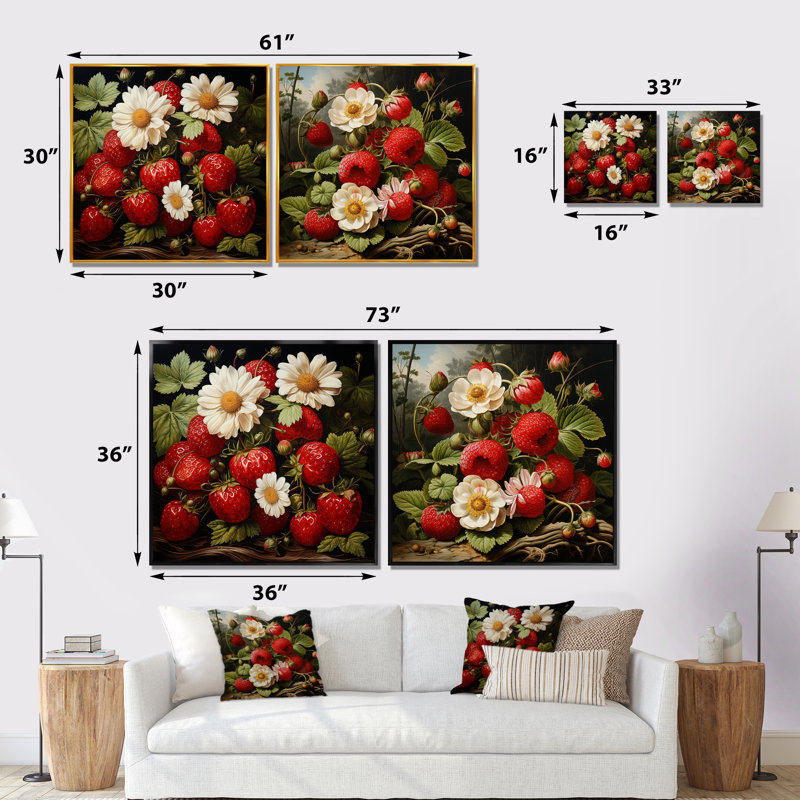 Peinture Renaissance d'un ensemble de salon mural «Strawberry Fruit I» - fruits, Cadre flottant blanc