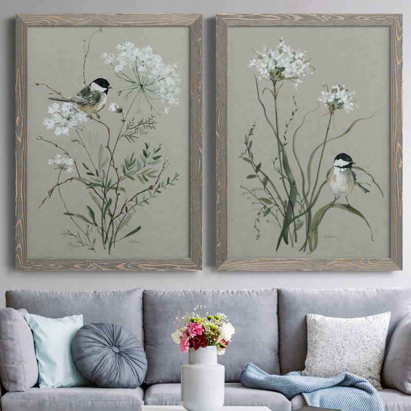 Bouquet Of Grace Bird I - ensemble de 2 peintures sur toile encadrées, H 37,5 po x l 55 po x P 1,5 po, Encadré gris