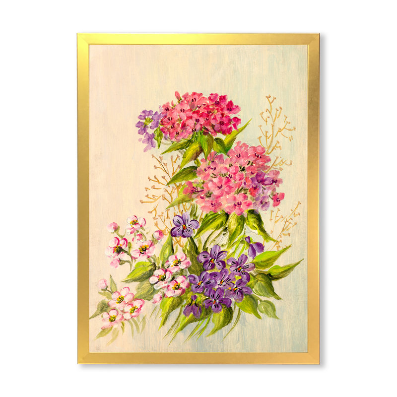 Nature morte de fleurs roses et mauves - peinture sur toile, H 40 po x l 30 po x P 1,5 po, Toile avec cadre photo doré