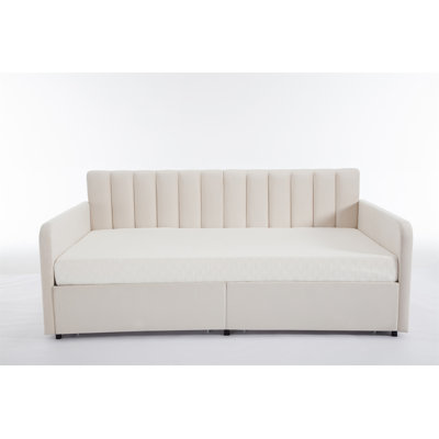 Flora Upholstered Daybed With 2 Drawers, Twin Velvet, Ribbed Tufted Backrest, Daybed In Lavish Modern Design