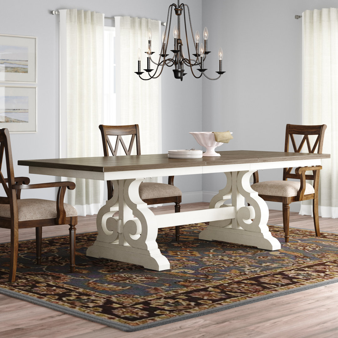 Isamu 76-98" Wide Trestle Table, Off-White & French Oak Ophelia & Co.