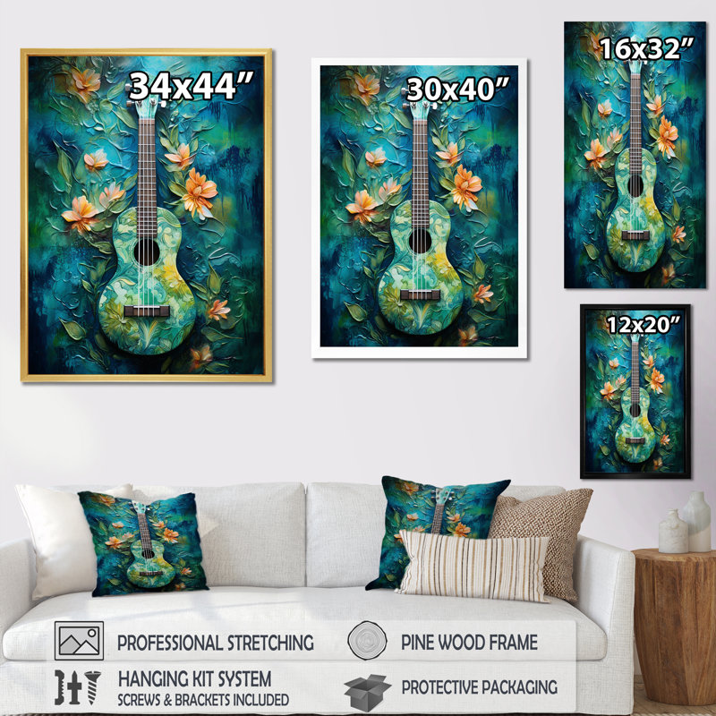 «Euphonic Tropical Teal Guitare Music I», reproduction sur toile, Cadre doré simple, H 20 po x l 12 po x P 1 po