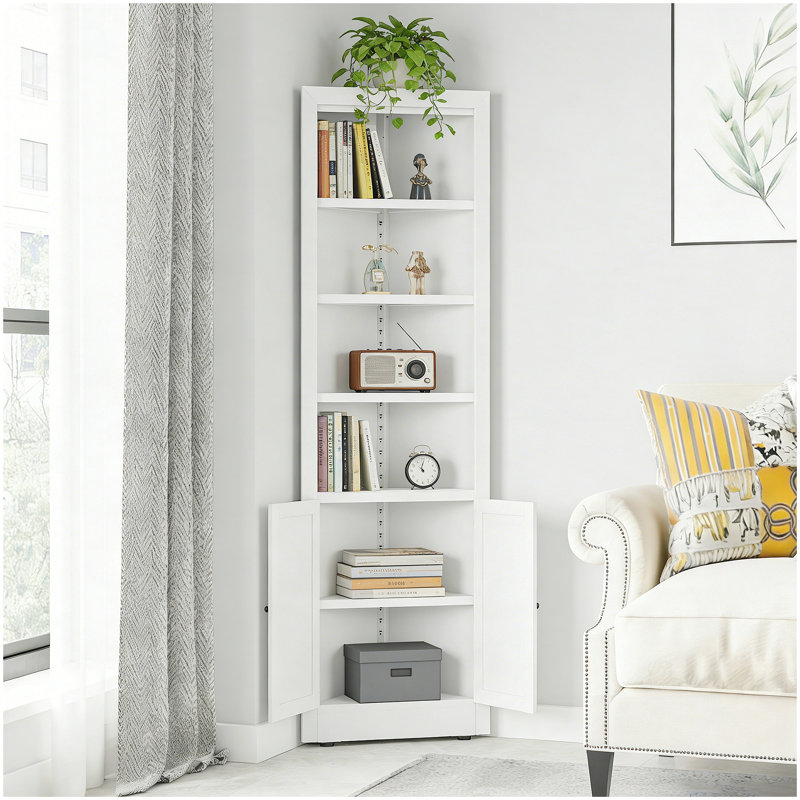 71" Tall Corner Storage Cabinet with 2 Doors, 5-Tier Metal Cabinet with Adjustable Shelves, Freestanding Kitchen Storage for Pantry, Living Room, Bathroom, Laundry Room, Space Saving Furniture, White