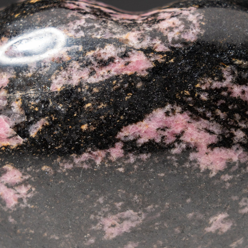 Polished Imperial Rhodonite Heart From Madagascar (400 Grams), 3" H x 1.5" W x 3.75" D, Black/Pink