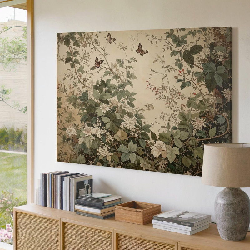 Toile rétro vintage botanique, fleurs de vignes et papillons sur toile, prêt à accrocher, H 11 po x l 14 po