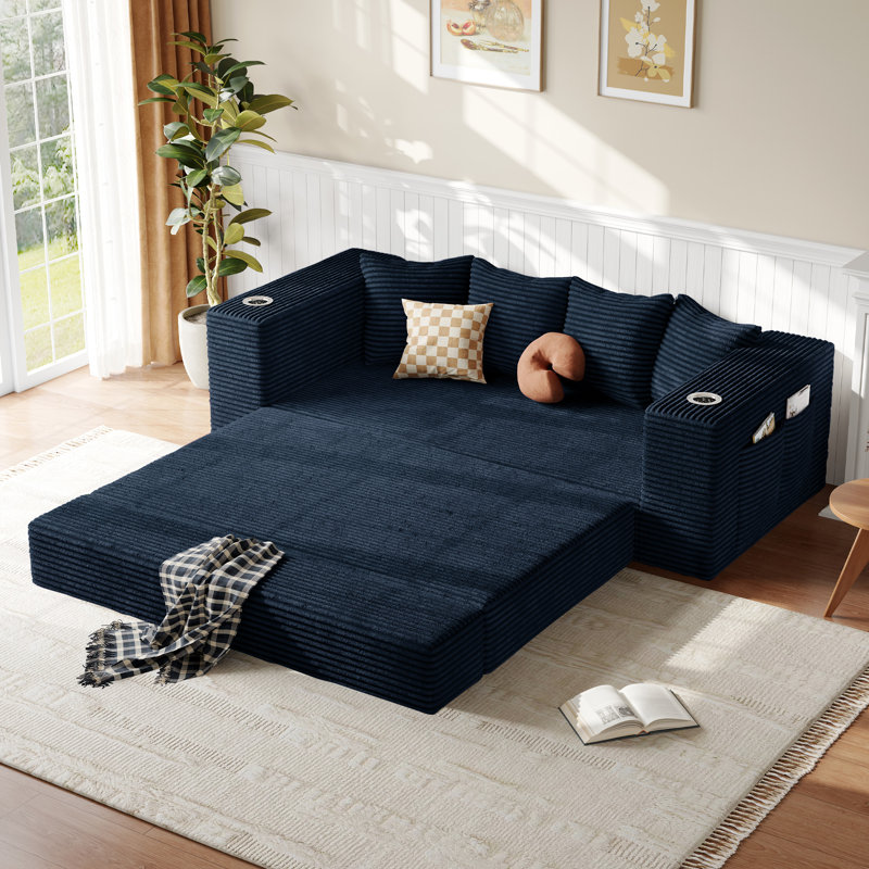 Canapé-lit convertible sans dossier en velours côtelé de 195 cm (77 po) avec porte-gobelets et poches latérales, bleu, Bleu