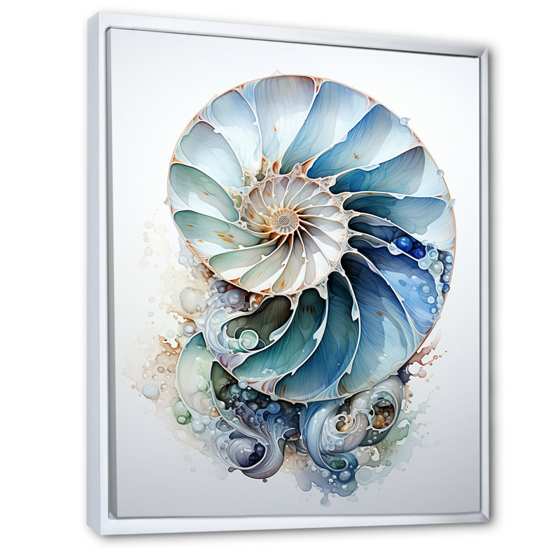 Nautilus Ocean Blue Sheels Symetry - Nautilus, art mural, Reproduction avec cadre flottant, H 40 po x l 30 po, Blanc