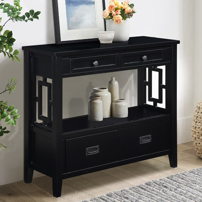 Console de 36 po avec 4 tiroirs et tablette de rangement, table d'entrée en bois avec poignées mixtes pour le salon, noir
