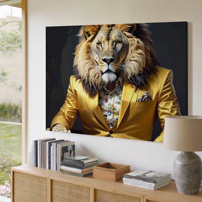 Canvas Wall Art A Dignified Lion Dressed In A Bright Golden Yellow Suit Sits In A Poised Confident Premium Quality Ready To Hang Modern