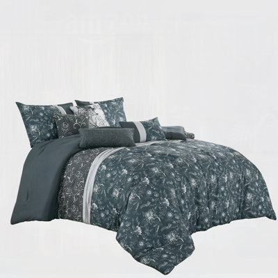 Deep Teal 7-Piece Embroidered And Printed Comforter Set, Microfiber Polyester With 1 Comforter 2 Shams And 4 Decorative Pillows