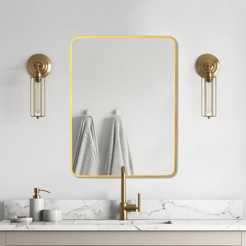 Deckard 32"H x 24"W Modern Minimalist Wall Mounted Rectangular Bathroom Vanity Metal Mirror, Brushed Gold