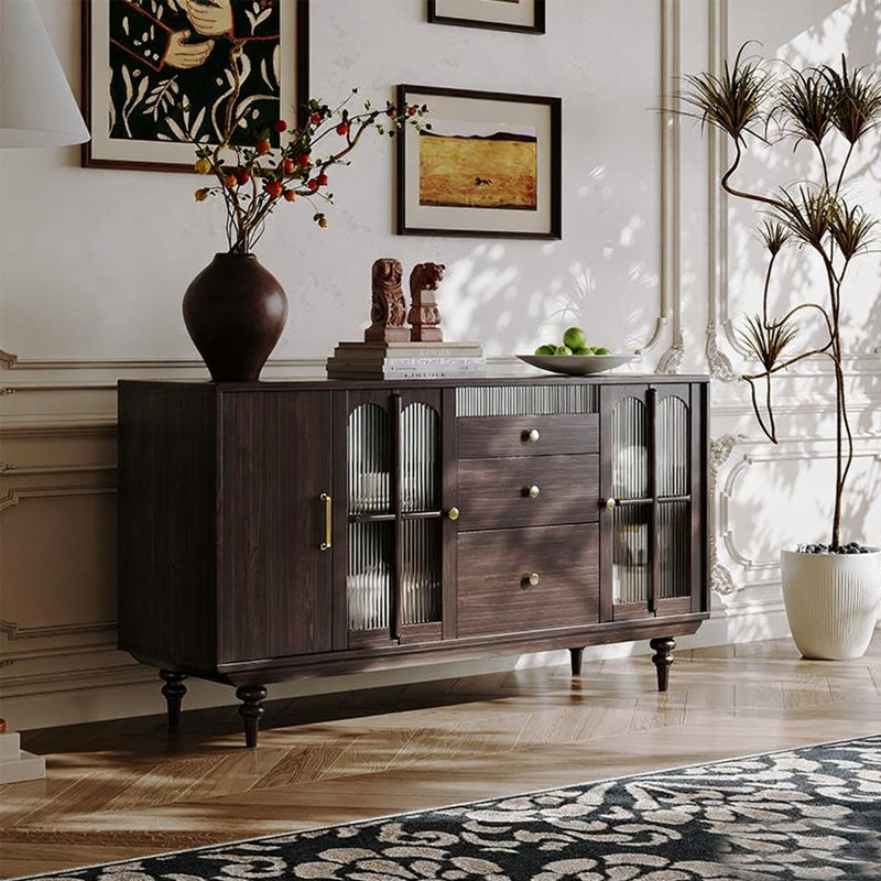 Buffet en bois massif de couleur noyer noir + verre
