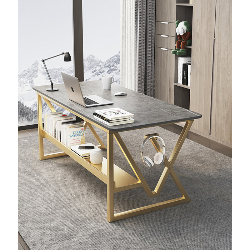 Rectangular Sintered Stone Tabletop Desk, Gray, 29.53" H x 55.12" W x 27.56" D, Gold