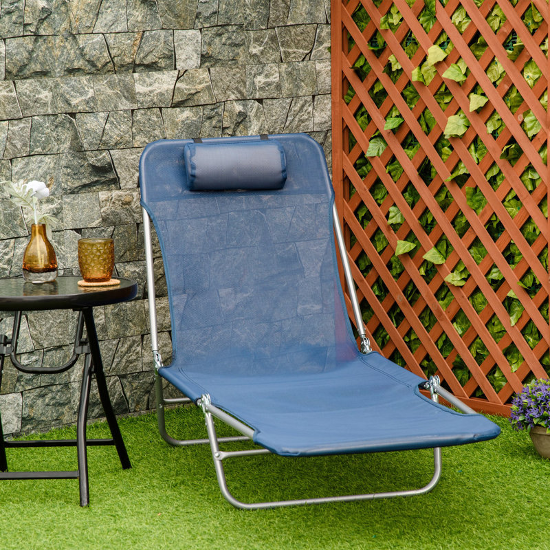 Chaise longue inclinable pliante avec appui-tête, Bleu, Argent argent