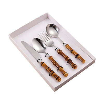 20 Piece Stainless Steel Cutlery Set With Bamboo Handle - Steak Knife, Fork And Dessert Spoon For Home Dining And Gift