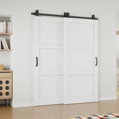 64" x 96" Height 3-Paneled White Primed Solid Core Sliding Bypass Barn Door Double Doors with Hardware Kit