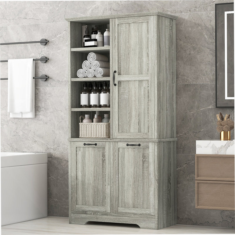 Armoire de rangement pour salle de bain avec tablette réglable, armoire autoportante avec panier à linge inclinable, Chêne
