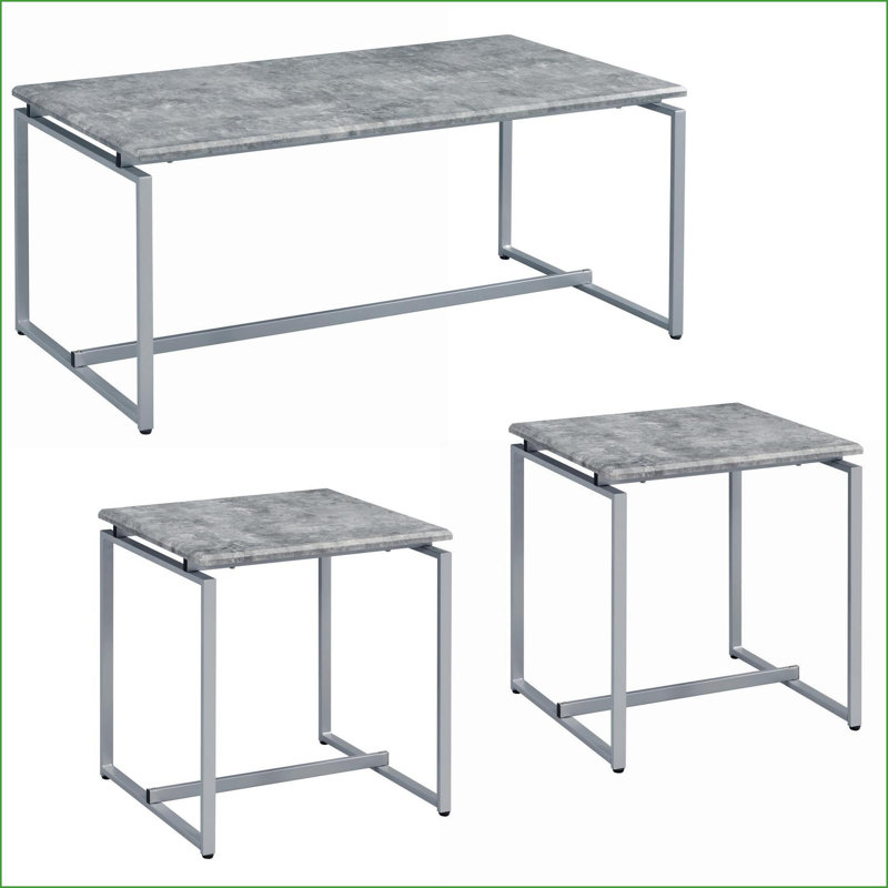 Ensemble de tables basses 3 pièces gris industriel pour salon, base en métal argenté et amp; Aspect cohésif