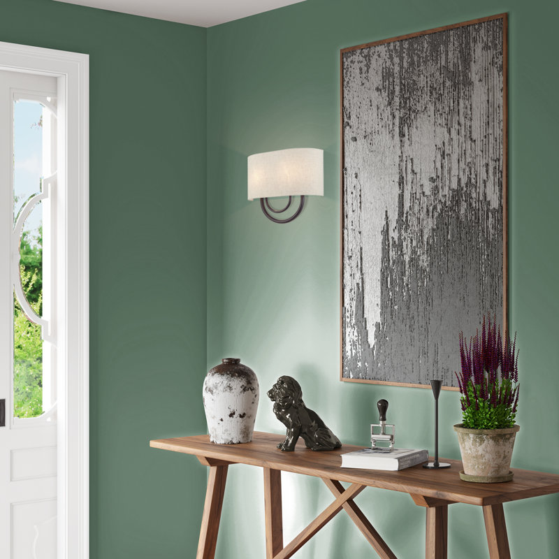 2 Light English Bronze ADA Sconce With Hand Crafted Oatmeal Fabric Shade With White Fabric Inside, English Bronze