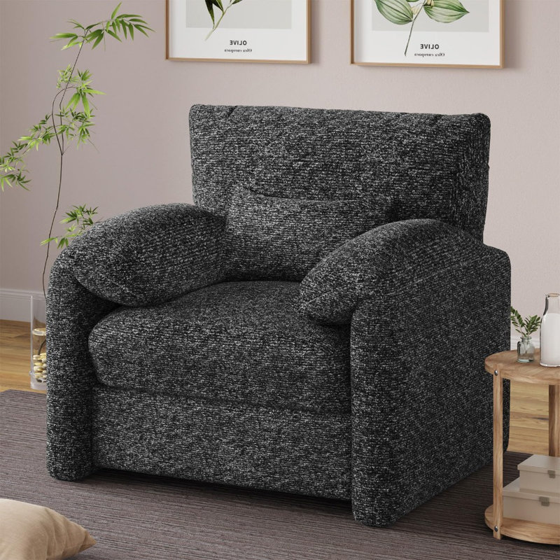 Fauteuil surdimensionné avec accoudoirs confortables Mid-Century, Chenille noir