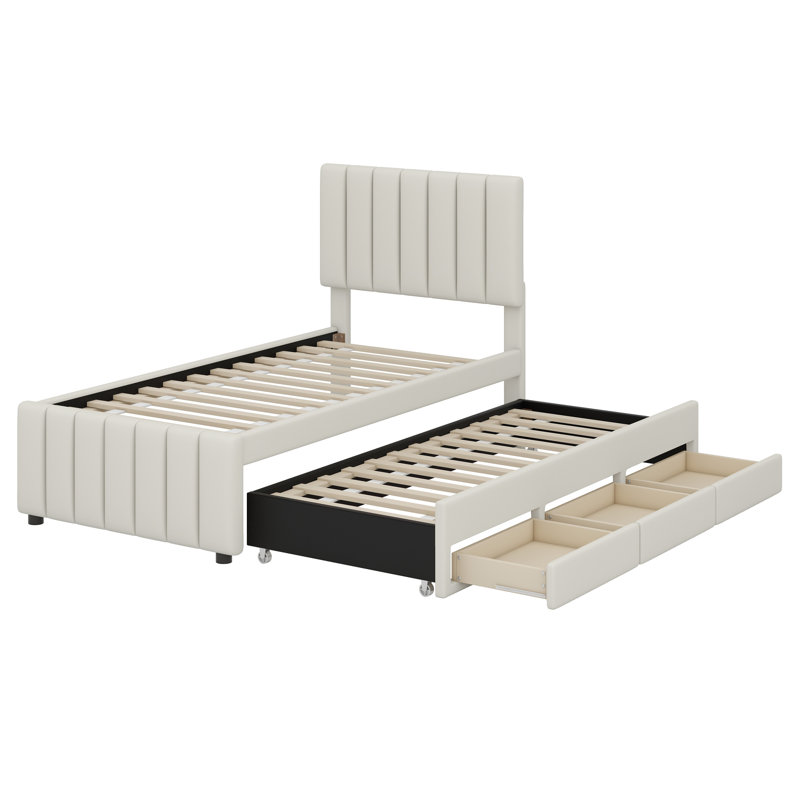 Lit plateforme tapissier avec lit gigogne et 3 tiroirs, Beige
