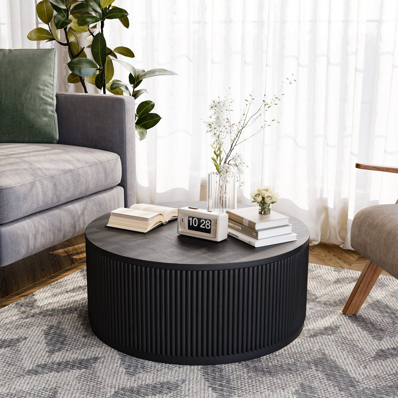 36.5"W Round Solid Wood Spacious Coffee Table Drum Table with Fluted Design, Black